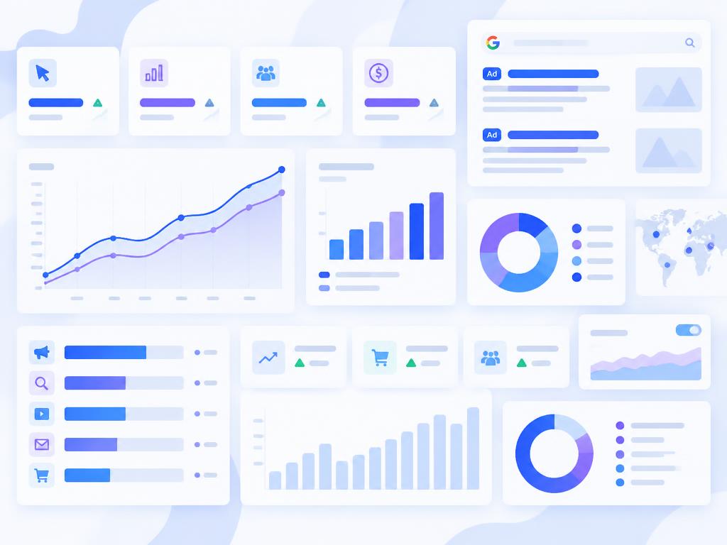 Marketing analytics dashboards, charts and ad samples